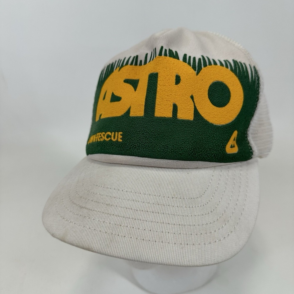 Vintage Puffy Print Hat Snapback Astro Lawn Fescue White Green Mesh USA